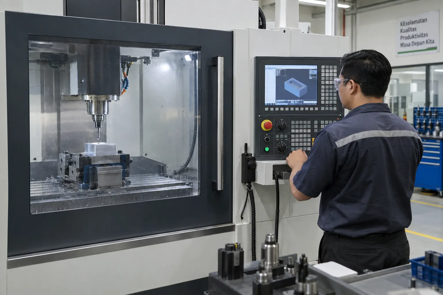 Operator berkacamata safety memeriksa simulasi toolpath pada panel mesin CNC dengan pintu enclosure tertutup