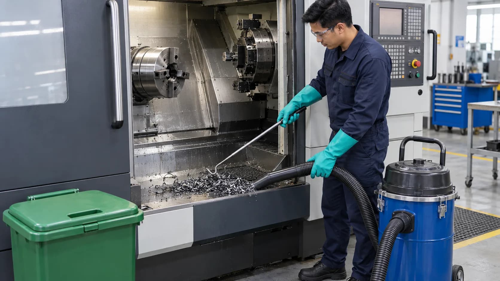 Operator membersihkan geram dari mesin CNC yang berhenti menggunakan hook panjang dan vacuum industri
