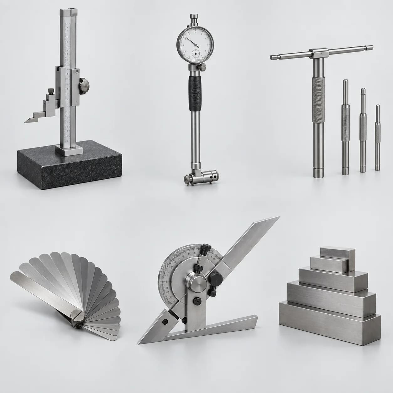 Enam kelompok alat ukur: height gauge, dial bore gauge, telescopic gauge, feeler gauge, bevel protractor, dan gauge block