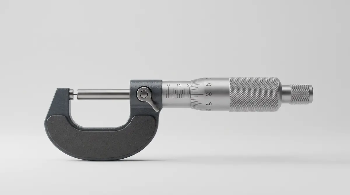Mikrometer luar 0–25 mm tampak samping: rangka, anvil, spindle, pengunci, sleeve, thimble, dan ratchet