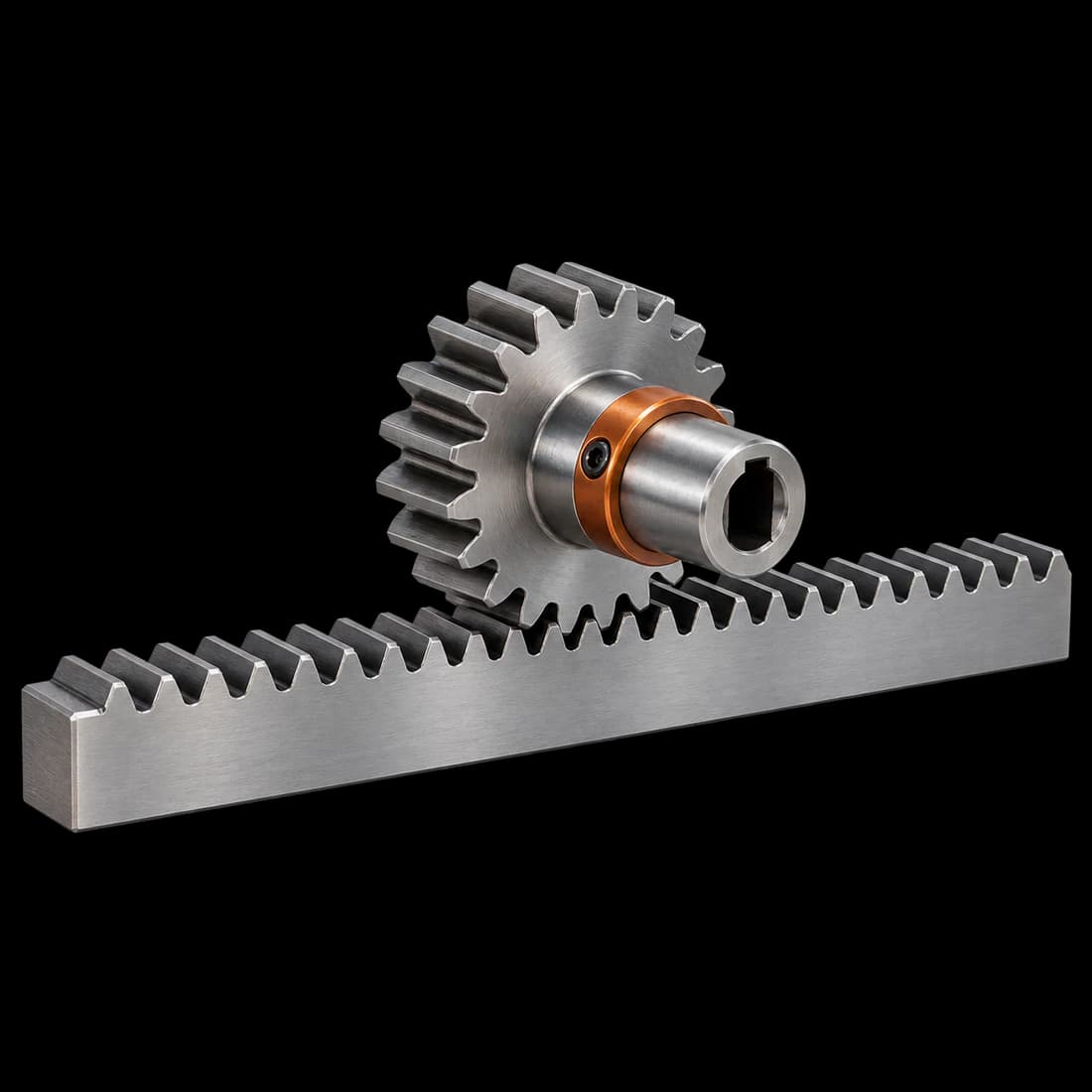 Render mekanisme rack and pinion dari baja dengan gigi pinion berkaitan pada rack lurus
