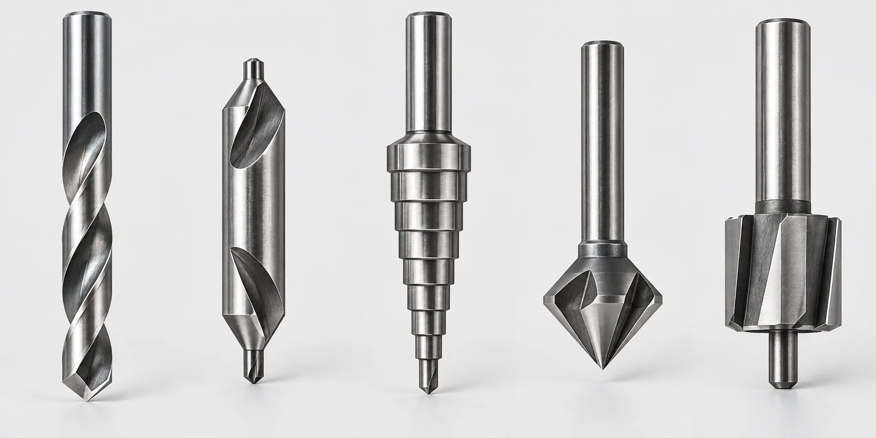 Perbandingan realistis lima alat dari kiri: twist drill beralur heliks, center drill dengan pilot kecil, step drill bertingkat, countersink berkepala kerucut, dan counterbore berkepala rata dengan pilot.