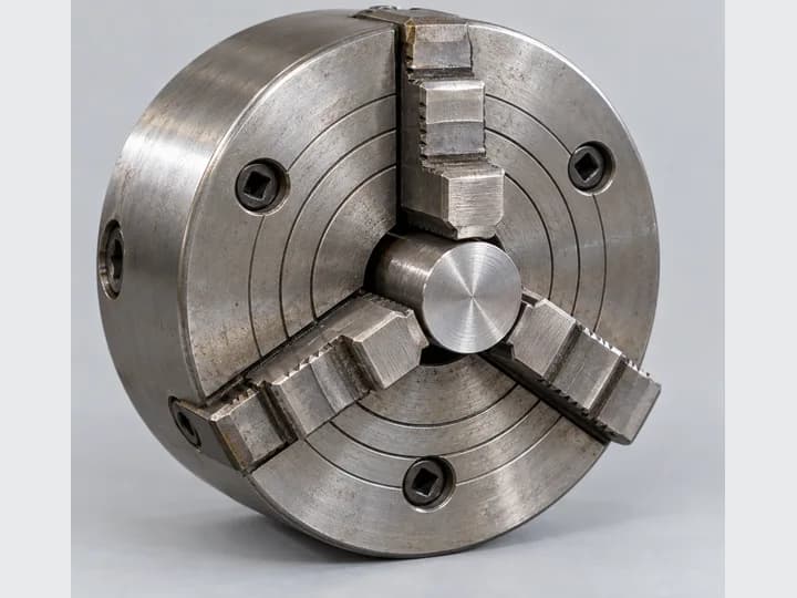 Cekam rahang tiga dengan tiga rahang berjarak 120 derajat yang memegang batang bulat
