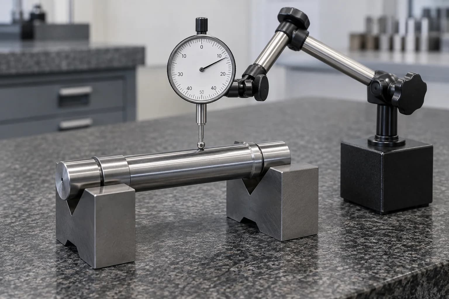 Dial indicator pada dudukan magnet kaku menyentuh poros baja yang ditumpu dua V-block di atas meja granit