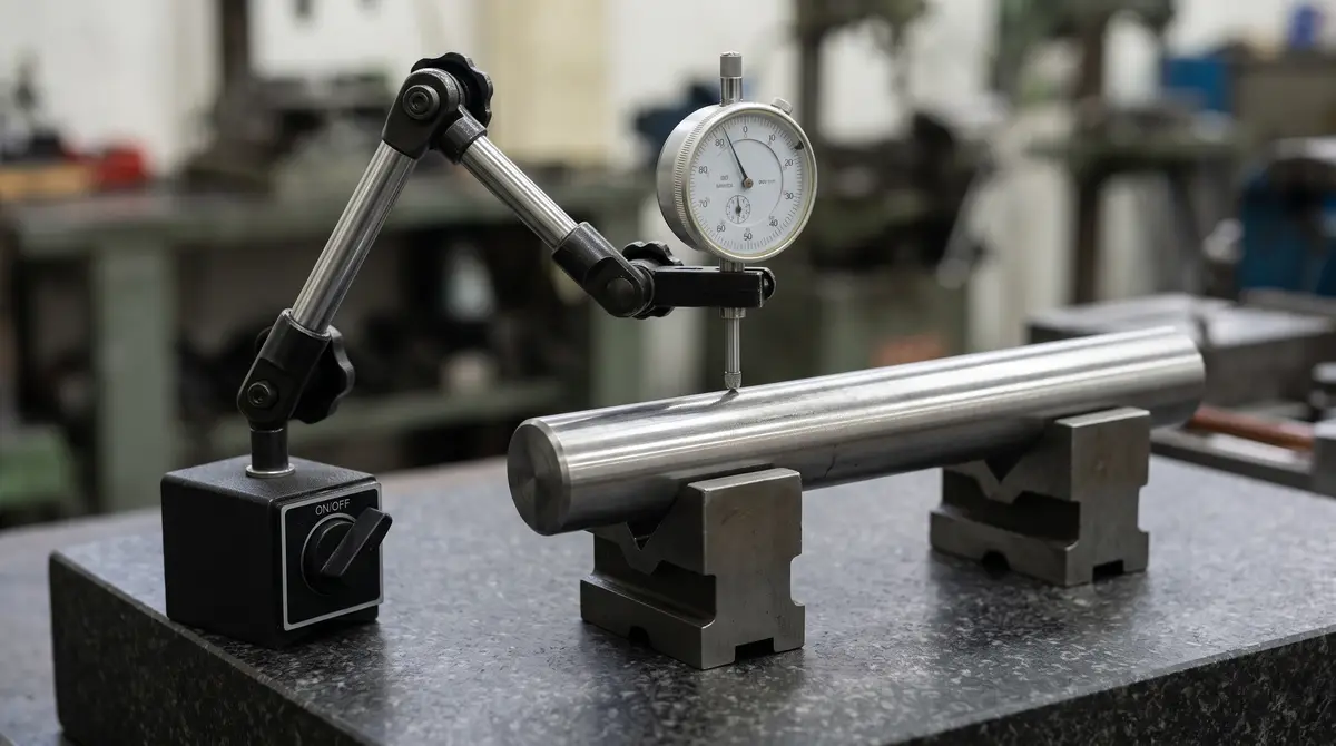 Dial indicator pada dudukan magnet dan lengan artikulasi; probe tegak lurus menyentuh bagian atas poros baja yang ditumpu dua V-block di atas meja granit