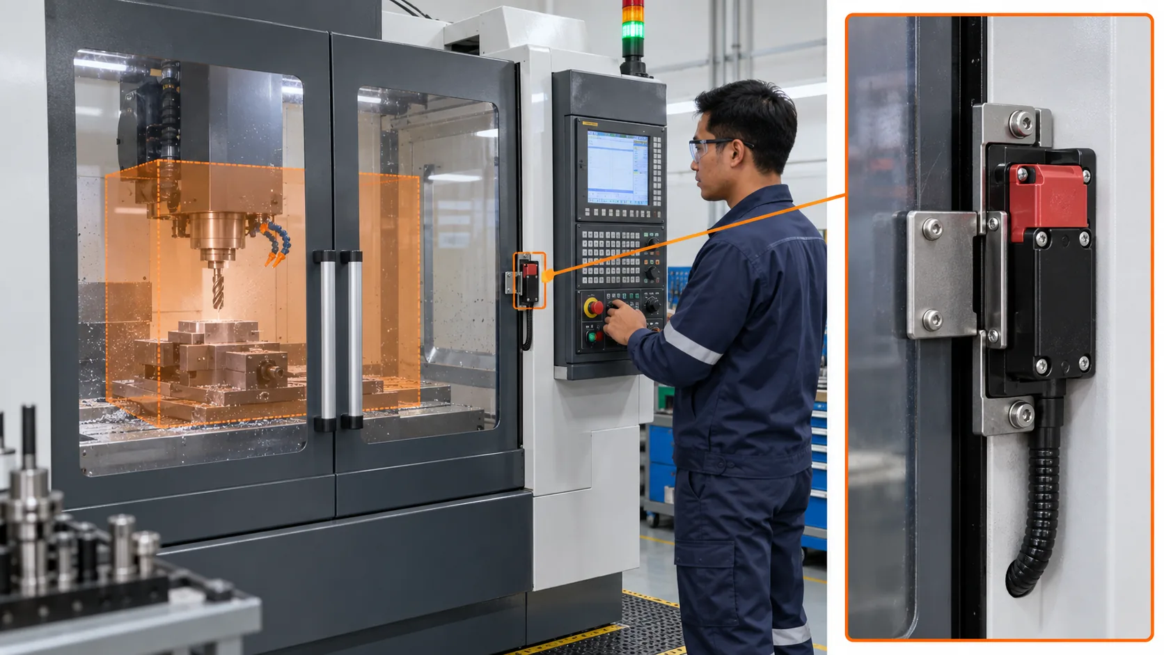 Operator berada di luar mesin CNC dengan pintu enclosure tertutup dan detail sakelar interlock pintu
