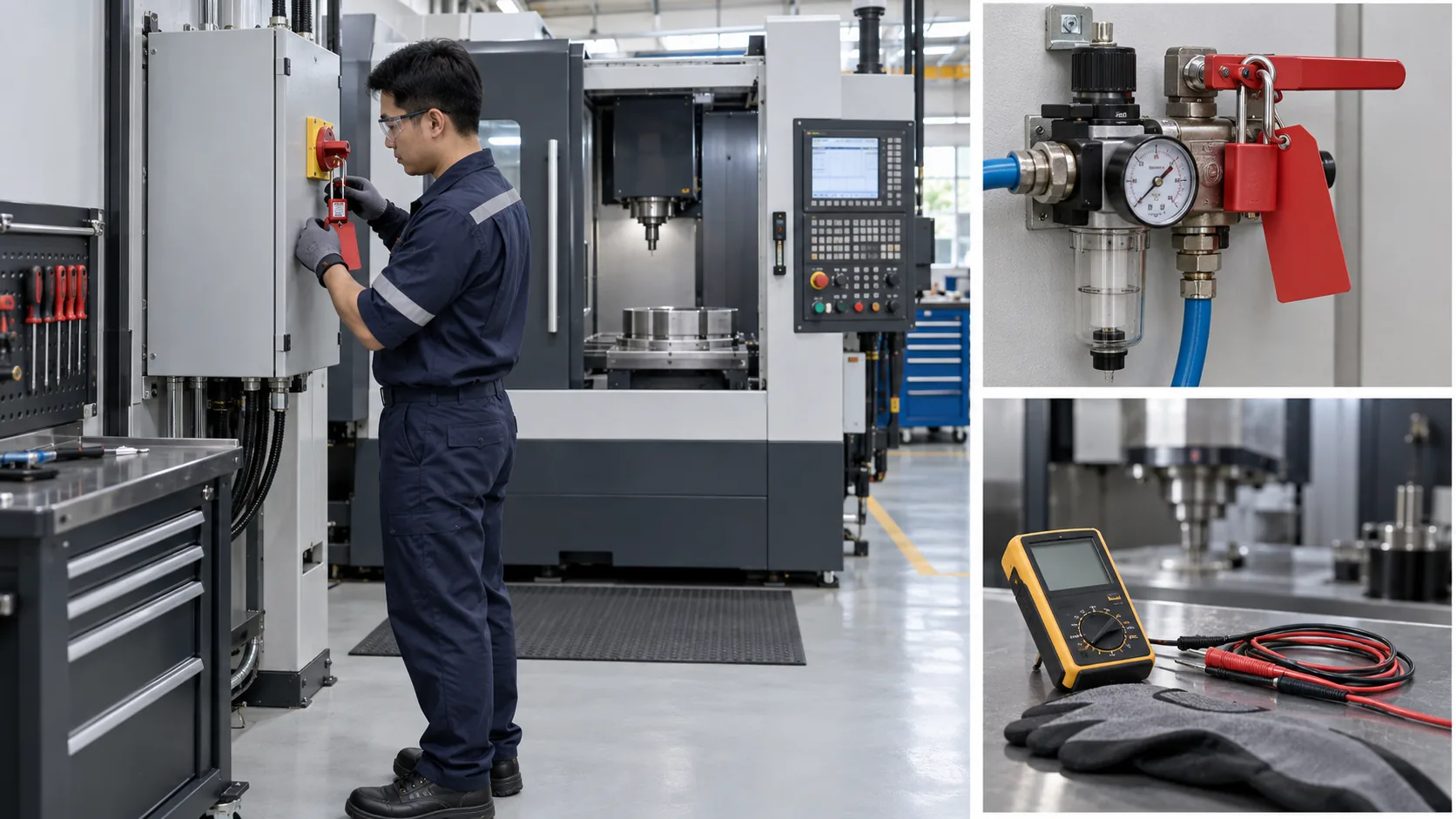 Teknisi memasang gembok keselamatan pada pemutus listrik CNC dengan detail isolasi pneumatik dan alat verifikasi
