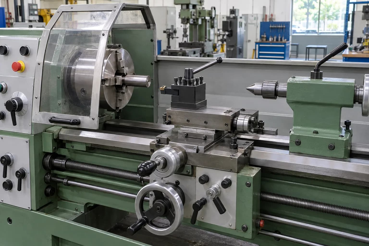 Mesin bubut manual dalam keadaan berhenti dengan poros pendek dicekam, pahat pada tool post, tailstock, dan pelindung cekam