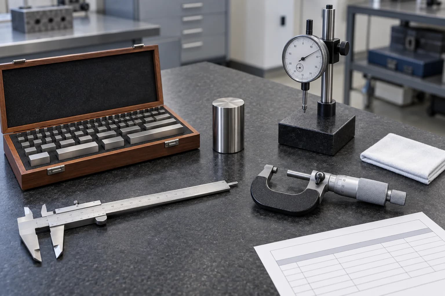 Meja inspeksi metrologi dengan jangka sorong, mikrometer, dial indicator, gauge block, standar silinder, kain bebas serat, dan lembar inspeksi