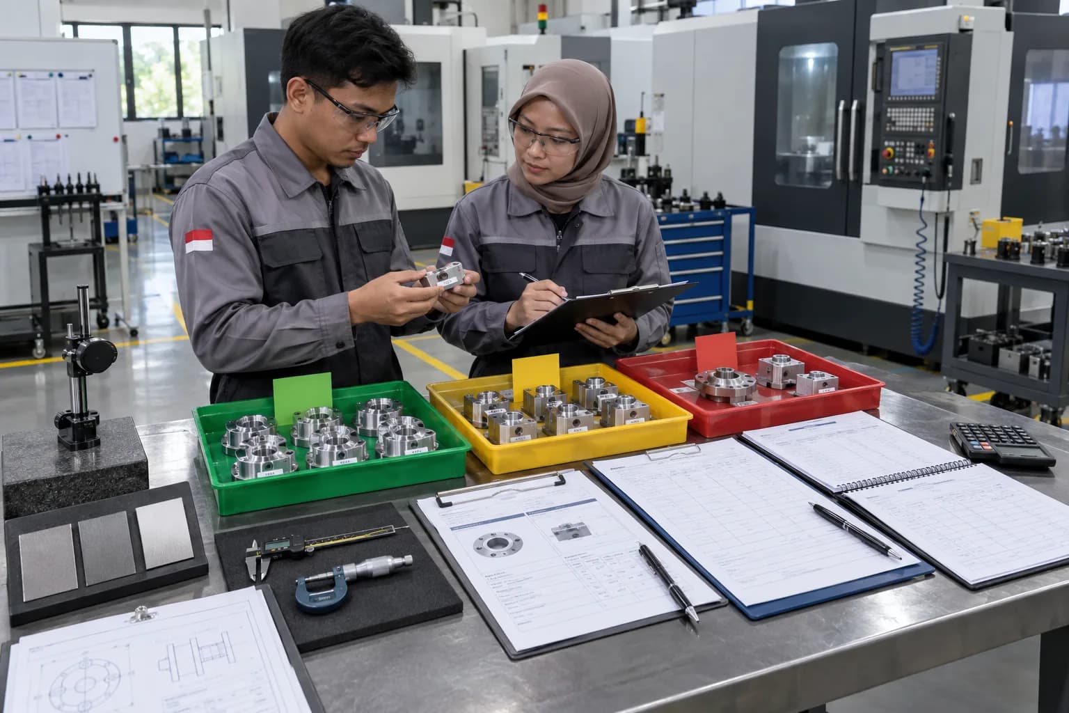 Dua pekerja manufaktur memeriksa komponen yang dipisahkan dalam tray dan mencatat hasil di area produksi CNC