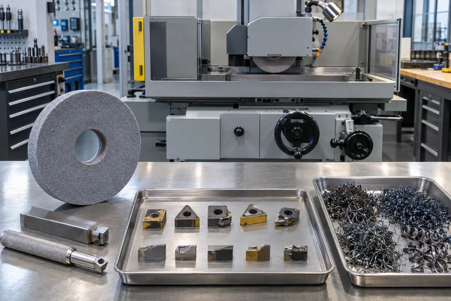 Roda gerinda, diamond dresser, insert dengan beberapa bentuk keausan, dan geram logam ditata pada tray inspeksi di depan surface grinder