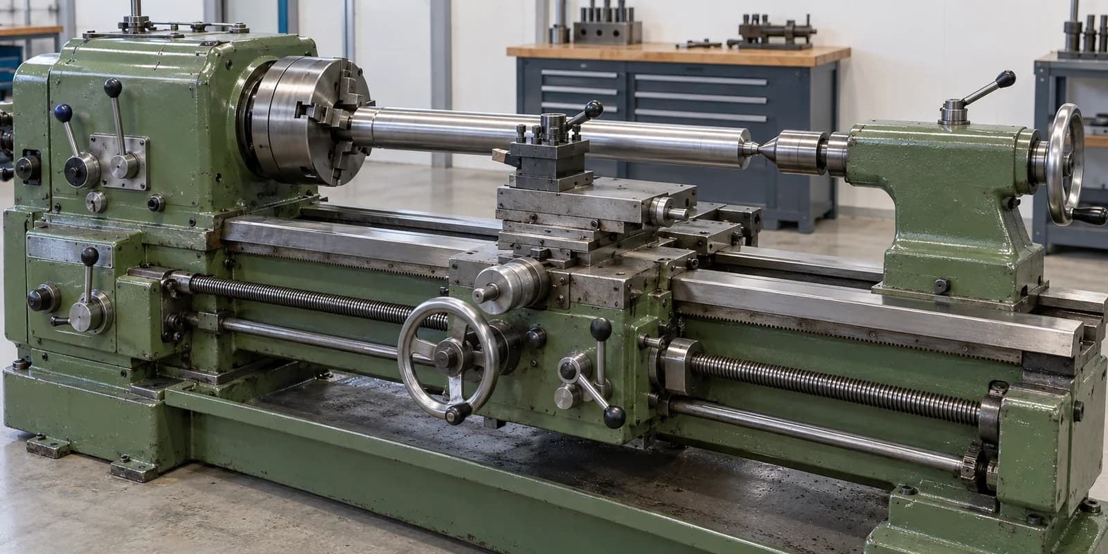 Mesin bubut manual realistis dengan cekam dan headstock di kiri, benda kerja menuju tailstock di kanan, eretan dan dudukan pahat di tengah, serta bed dan lead screw di bawah