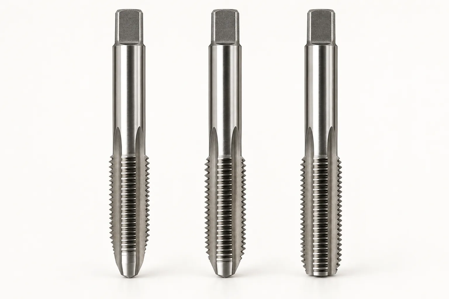 Tiga tap tangan logam beralur lurus. Dari kiri ke kanan: taper dengan chamfer panjang, plug dengan chamfer sedang, dan bottoming dengan chamfer sangat pendek.